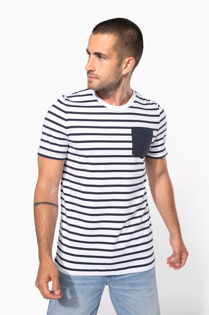 [K378-White_NavyStripes-S] K378 - T-shirt rayé marin avec poche manches courtes homme - White_NavyStripes (S)