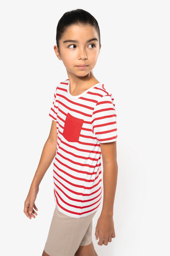 [K379-White_RedStripe-12/14ans] K379 - T-shirt rayé marin avec poche manches courtes enfant - White_RedStripe (12/14 ANS)