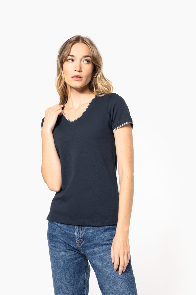 K394 - T-shirt maille piquée col V femme - OxfordGrey_Navy_White