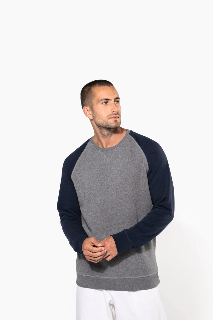 [K491-GreyHeather_Black-S] K491 - Sweat-shirt French Terry Bio bicolore col rond manches raglan homme - GreyHeather_Black (S)