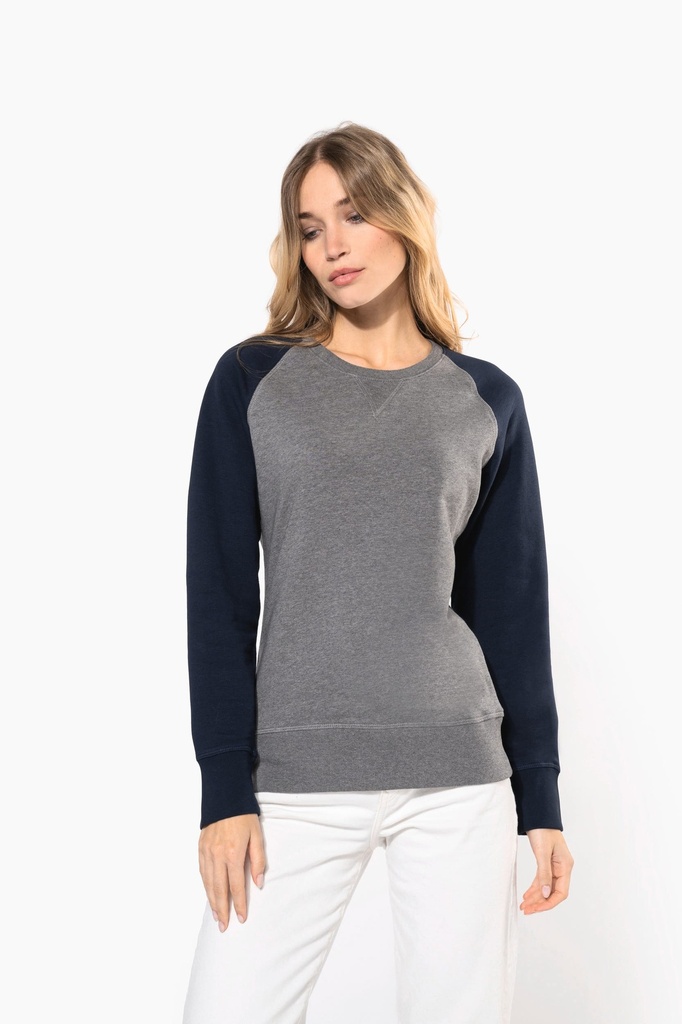 [K492-GreyHeather_Black-XS] K492 - Sweat-shirt French Terry Bio bicolore col rond manches raglan femme - GreyHeather_Black (XS)