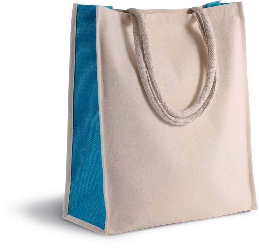 [KI0253-Natural_Turquoise-OneSize] KI0253 - Sac cabas en coton / jute - 23 L - Natural_Turquoise