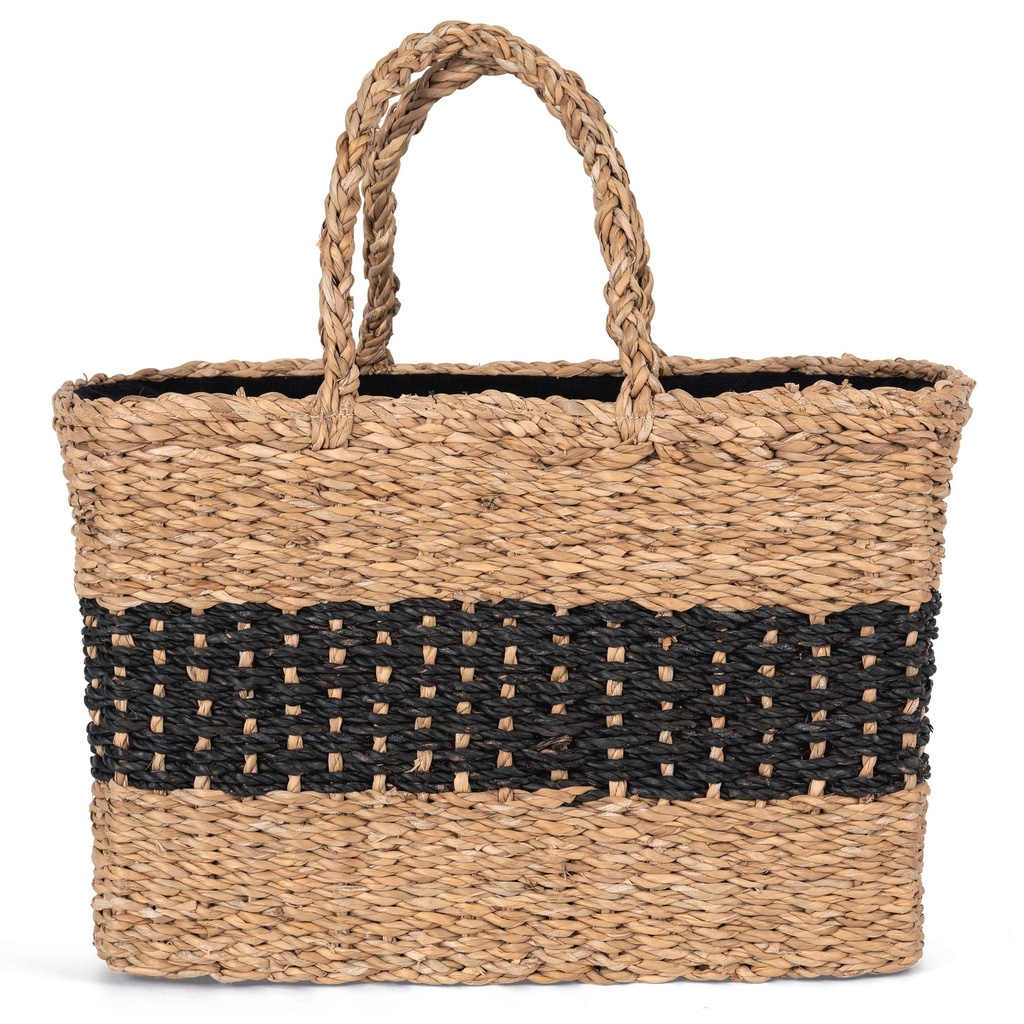 [KINS136-StripedSeagrassBlack_BlackNight-OneSize] KINS136 - Sac panier en jonc de mer - StripedSeagrassBlack_BlackNight