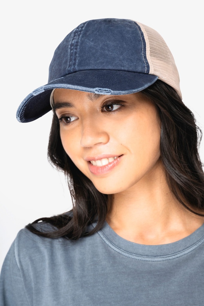 [NS027-Washedblack_Beige-OneSize] NS027 - Casquette trucker écoresponsable  effet déchiré unisexe - Washedblack_Beige