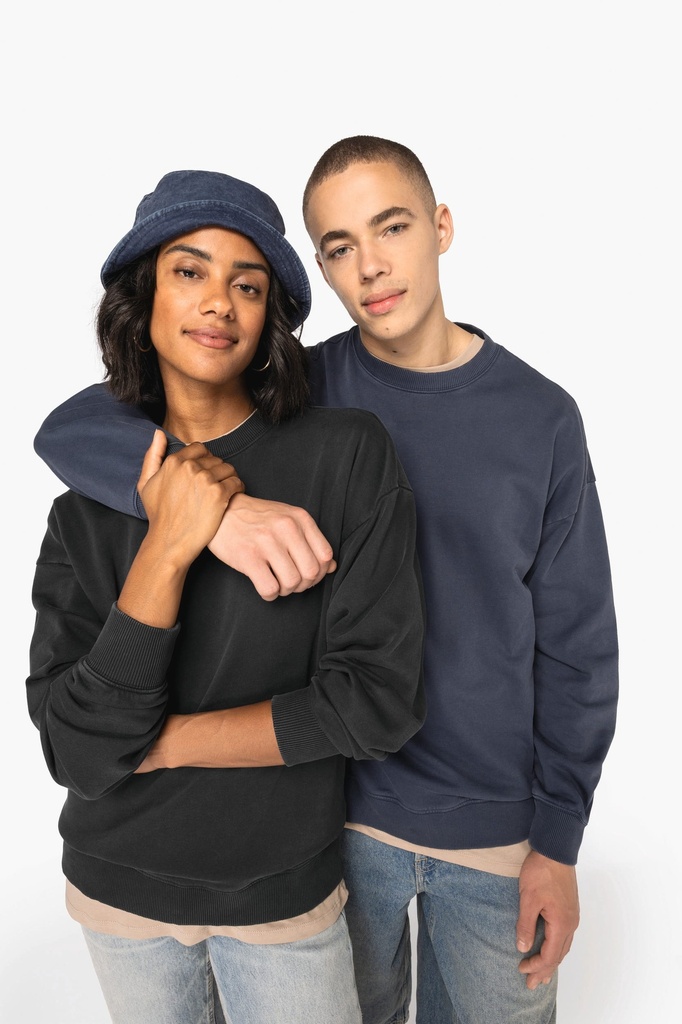 [NS447-Washedblack-XS] NS447 - Sweat-shirt écoresponsable à col rond délavé oversize unisexe - Washedblack (XS)