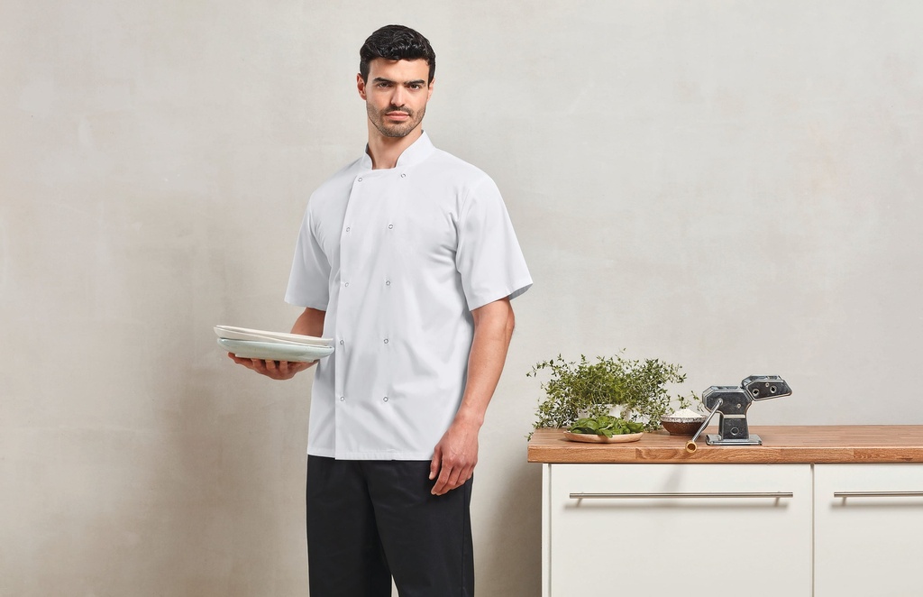 PR664 - Veste de cuisine manches courtes à boutons pression - White