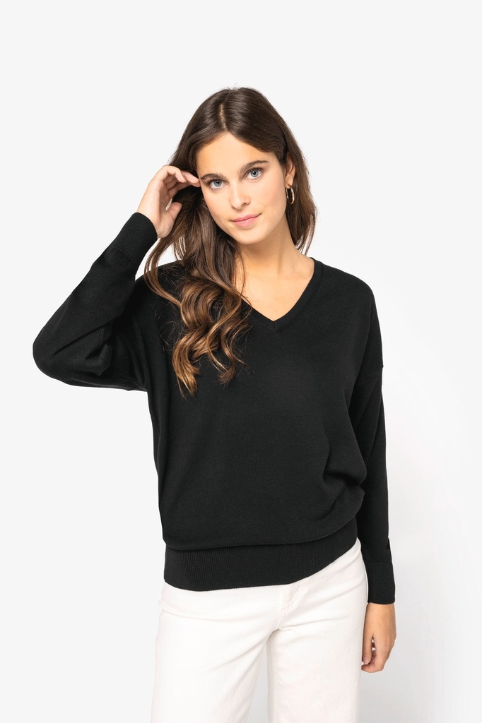 [SP921-Black-XS] SP921 - Pull écoresponsable col V en lyocell femme  - Black (XS)