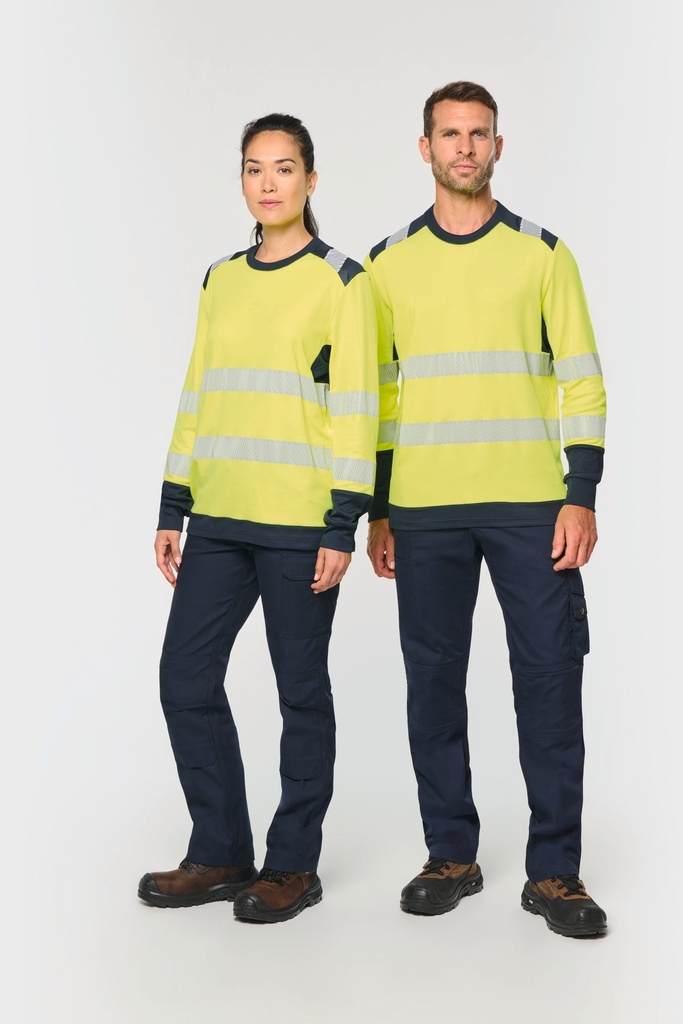 [WK361-HiVizYellow_Navy-XS] WK361 - T-shirt de sécurité recyclé col rond manches longues unisexe - HiVizYellow_Navy (XS)