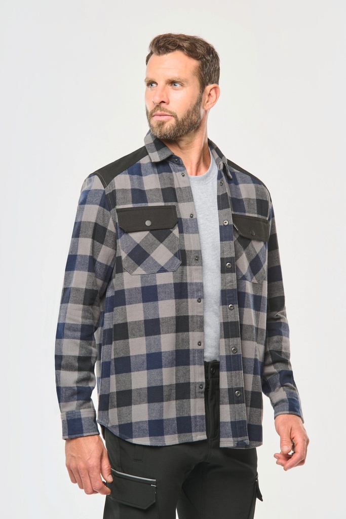 [WK520-ForestGreen_NavyChecked_Black-S] WK520 - Chemise à carreaux avec poches homme  - ForestGreen_NavyChecked_Black (S)