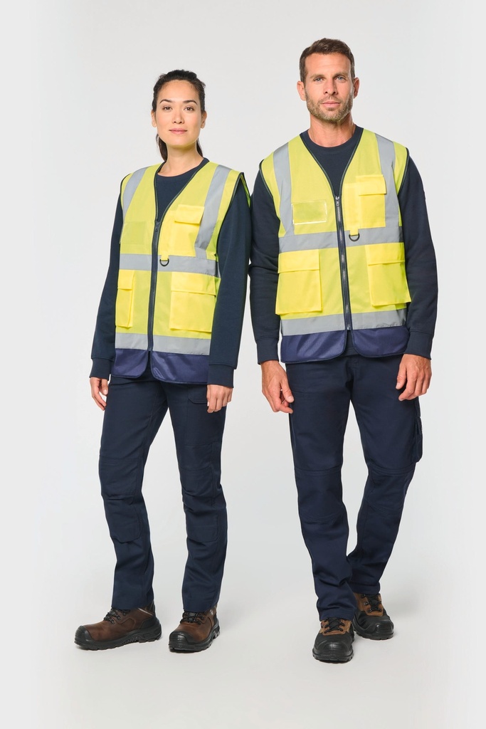 [WK618-HiVizYellow_Navy-XS] WK618 - Gilet de sécurité haute visibilité recyclé avec zip unisexe - HiVizYellow_Navy (XS)