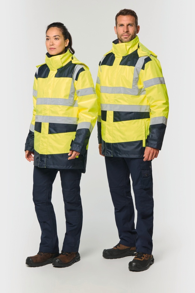 [WK660-HiVizYellow_Navy-XS] WK660 - Parka de sécurité recyclée 4 en 1 unisexe - HiVizYellow_Navy (XS)