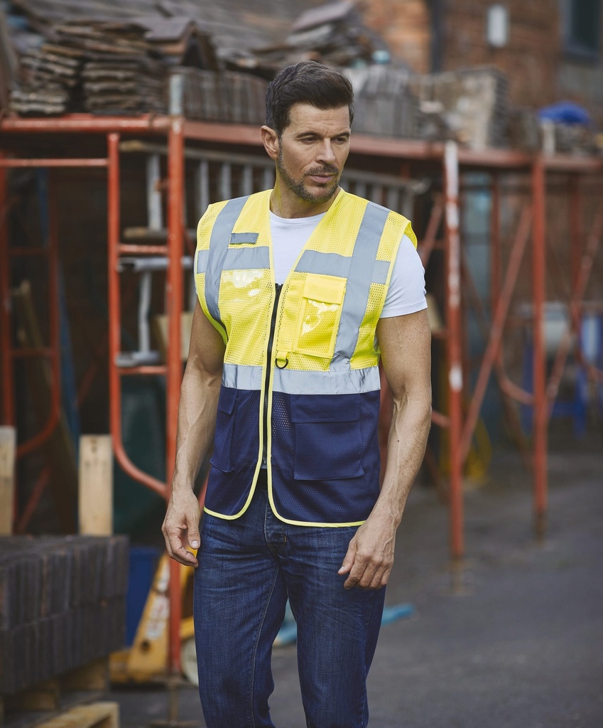 [YHVW820-HiVisYellow_Navy-S] YHVW820 - Gilet haute visibilité Top Cool "Management" - HiVisYellow_Navy (S)
