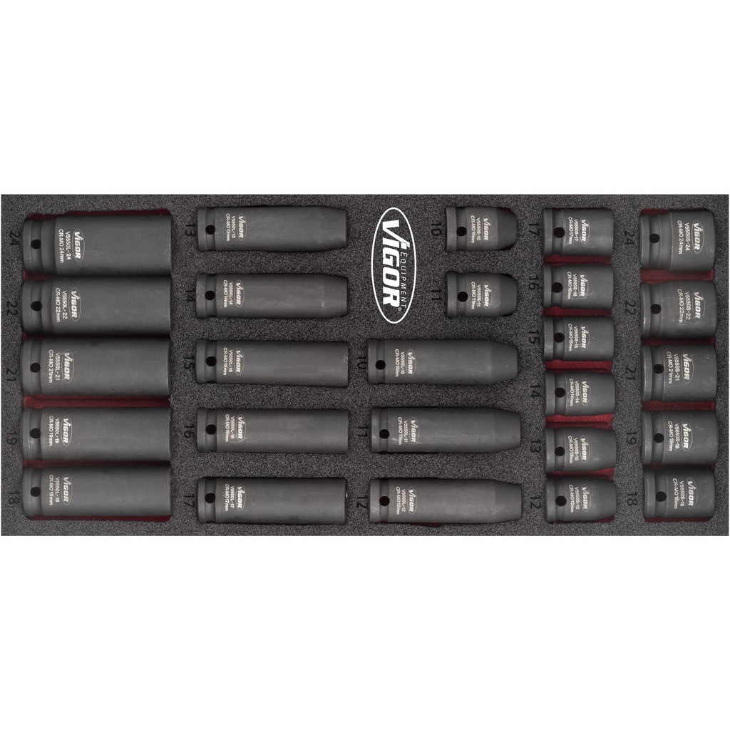 [V5602] VIGOR Jeu de douilles à chocs ∙ V5602 ∙ Carré creux 1/2 pouce (12,5 mm) ∙ Profil à 6 pans extérieurs ∙ 26 pièces ∙ 10 – 24 ∙ Nombre d'outils : 26
