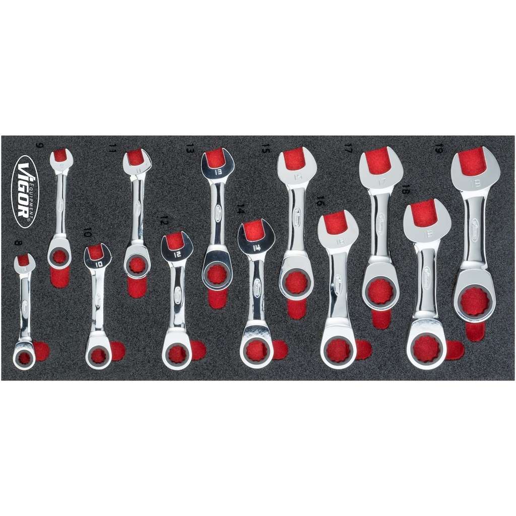 [V5075] VIGOR - Jeu de clés mixtes à cliquet ∙ courtes ∙ taille 8 – 19 mm ∙ 12 pièces