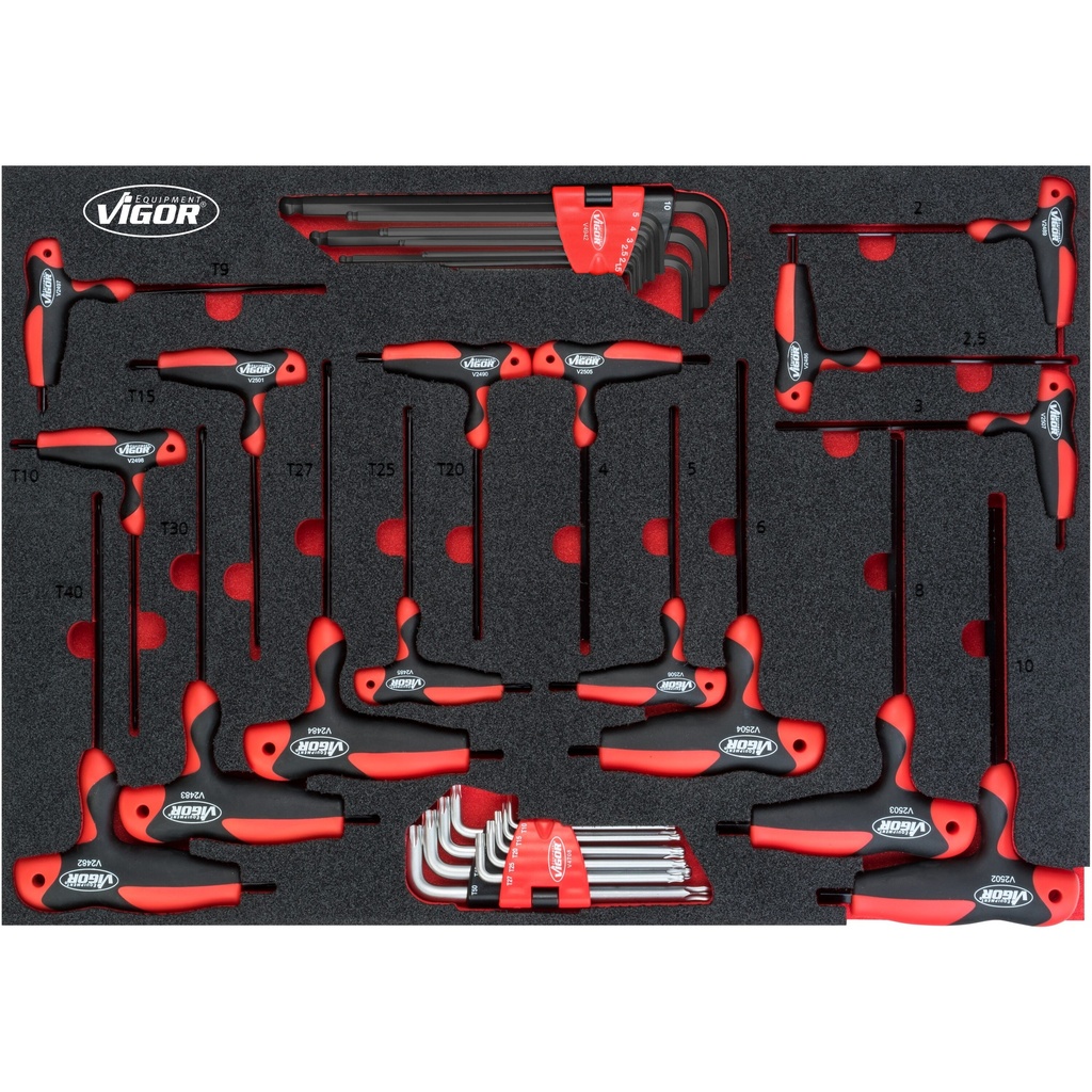 [V5175] VIGOR - Jeu de tournevis à manche en T et de clés mâles coudées ∙ taille 2 – 10 mm · T9 – T40 ∙ 34 pièces